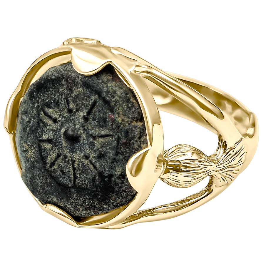 Exclusive 14k Gold Ring with a "Widow's Mite" Coin Being Lifted Upwards by Two Figures