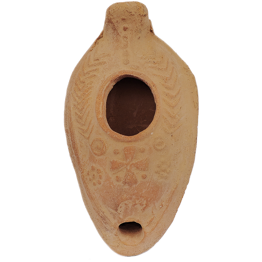 Palm Branches Surrounding a Cross and Flowers Stamped on Byzantine Period Clay Oil Lamp