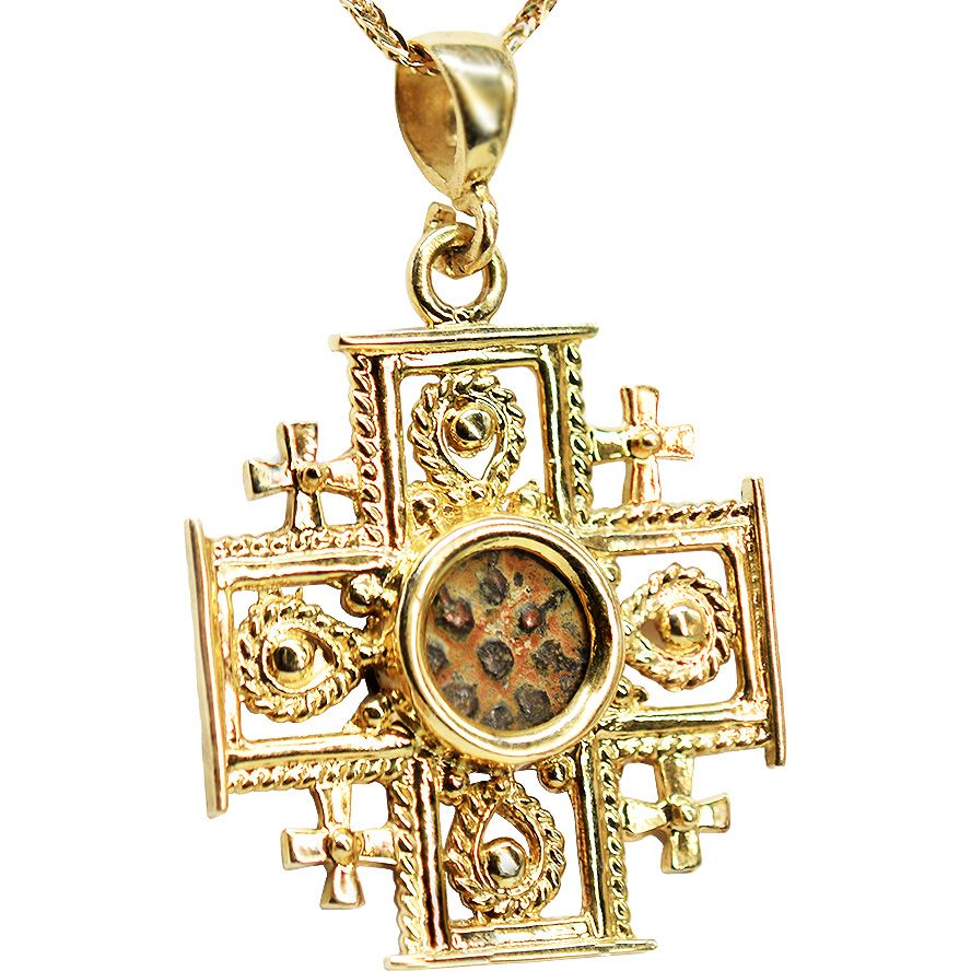 14k Gold 'Jerusalem Cross' with Ancient Widow's Mite Coin