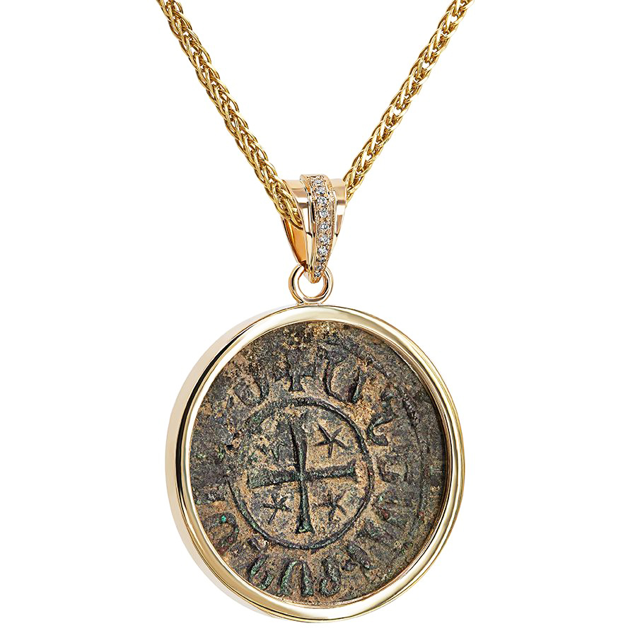 Crusader Coin Set in a 14k Gold Pendant with Diamonds - with chain