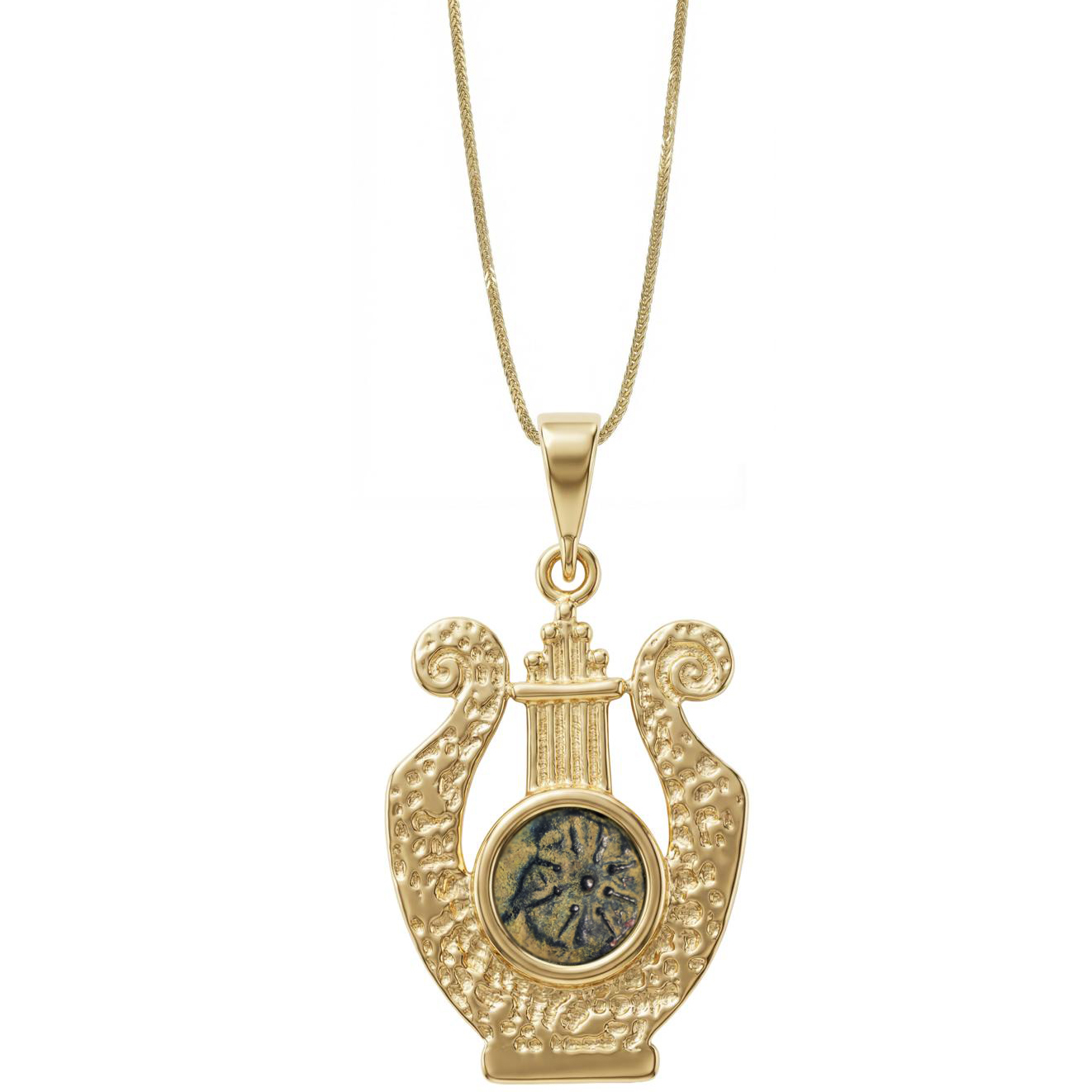 Widow's Mite Coin in a 14k Gold 'Harp of David' Necklace