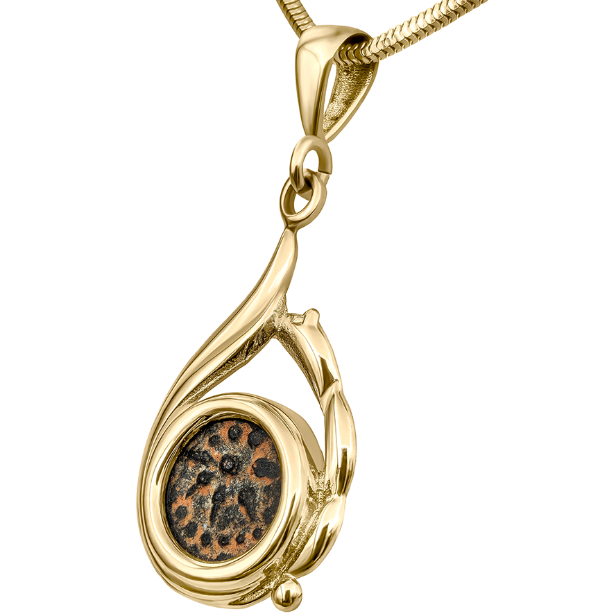 “The Widow’s Mite” Coin mounted in a 14k Gold 'Teardrop' Necklace - Authentic Jesus Period Coin