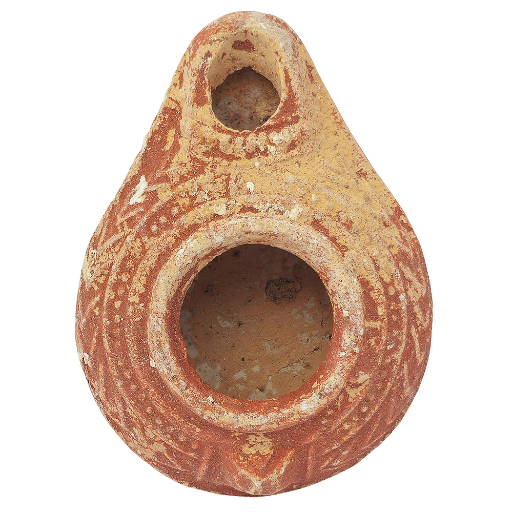Decorated Roman oil lamp clay from Judea front