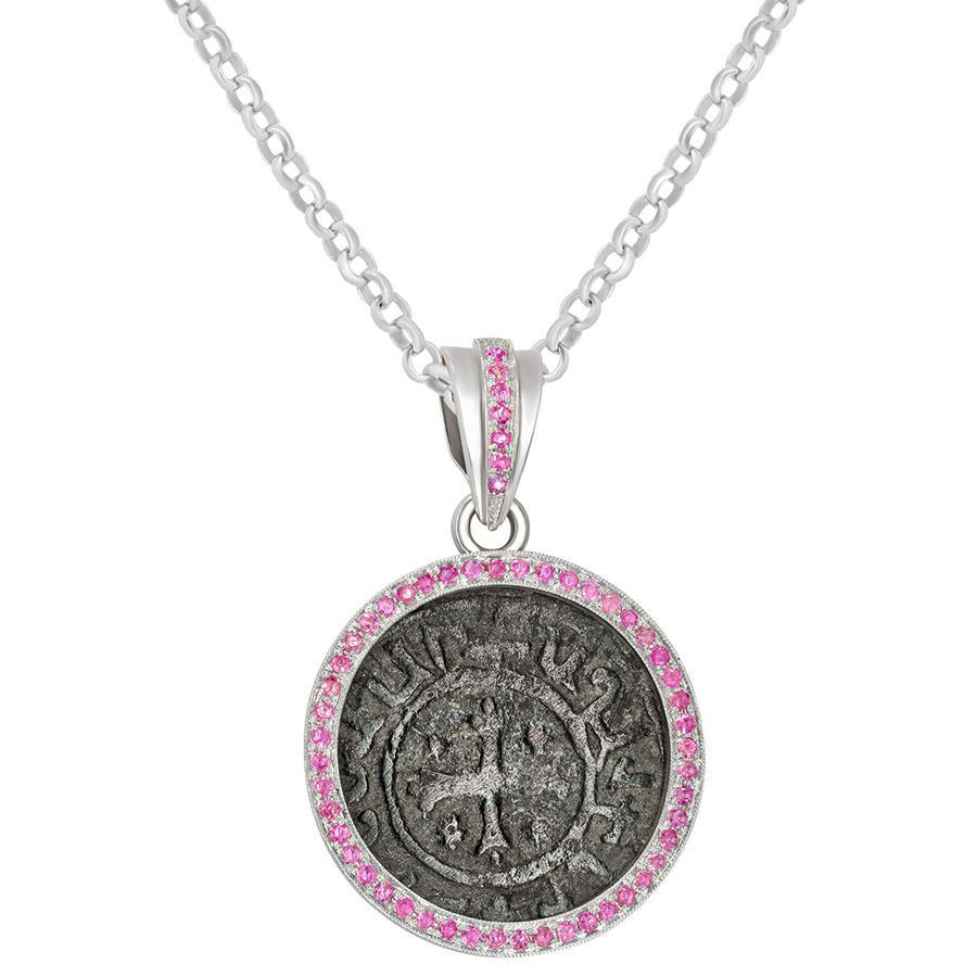Crusader Coin with a Cross in a Sterling Silver Pendant with Rubies