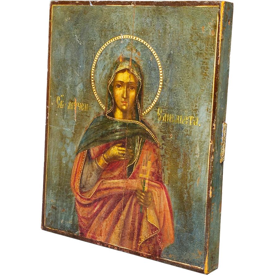 Antique Russian Orthodox Icon of Saint Catherine - Tempera on Wood - 18th Century (angle view)
