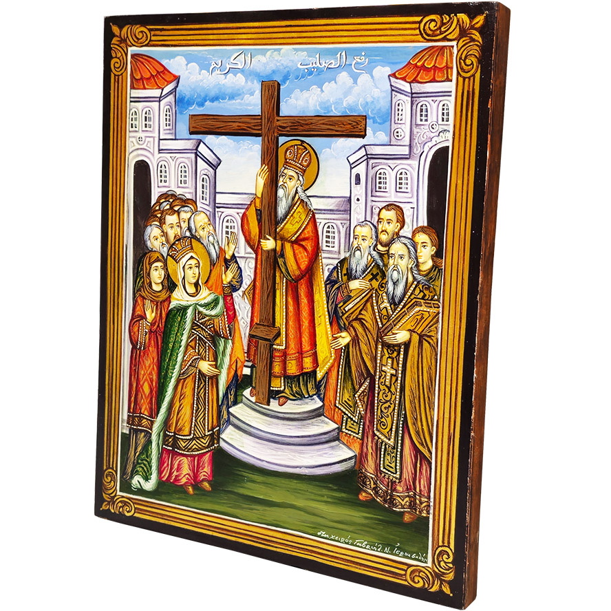 Arabic Orthodox Wooden Icon - Exaltation and Finding of the Holy Cross (angle view)