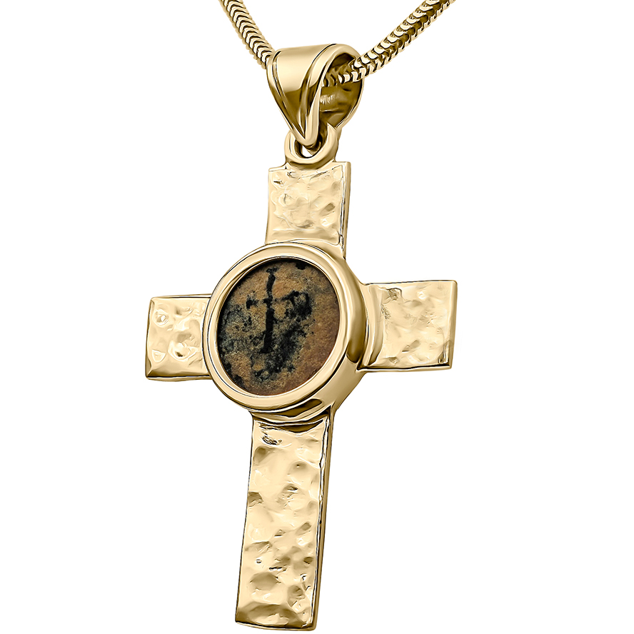 4th Century Christian Coin set into a 14k Gold Cross Pendant - Made in Israel (angle view)