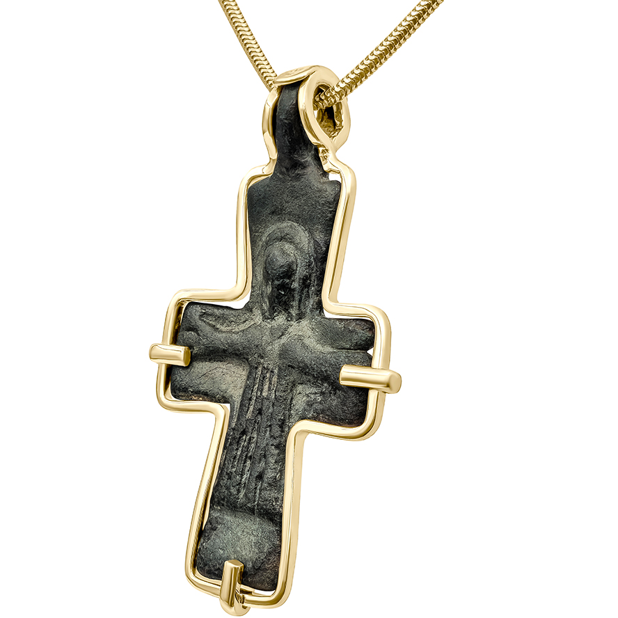 Byzantine Bronze Jesus Cross from 6th Century mounted in a 14k Gold Frame Pendant (angle view)