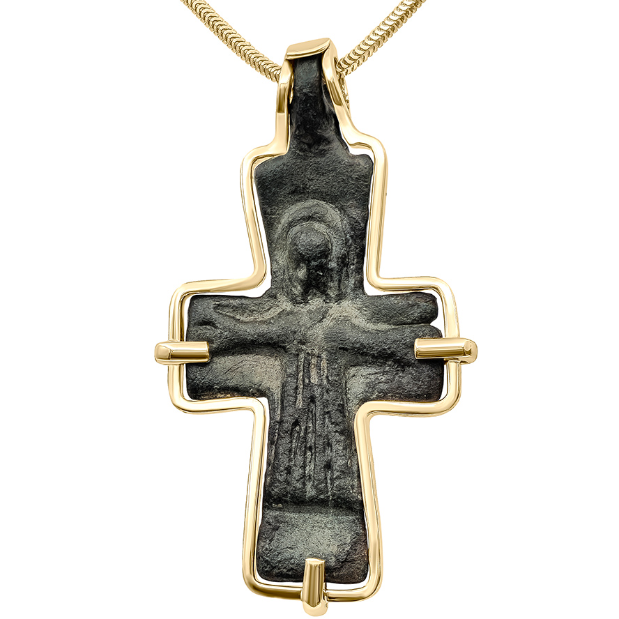 Byzantine Bronze Jesus Cross from 6th Century mounted in a 14k Gold Frame Pendant