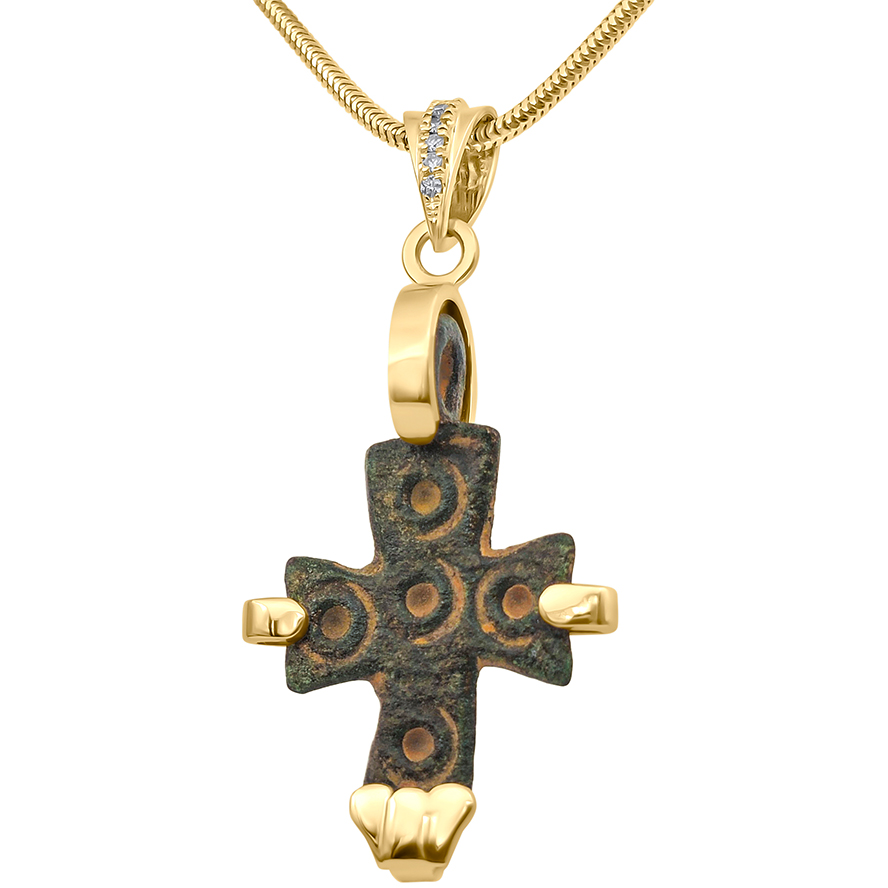 6th Century Byzantine Bronze Cross mounted in a 14k Gold Frame Pendant with Diamonds