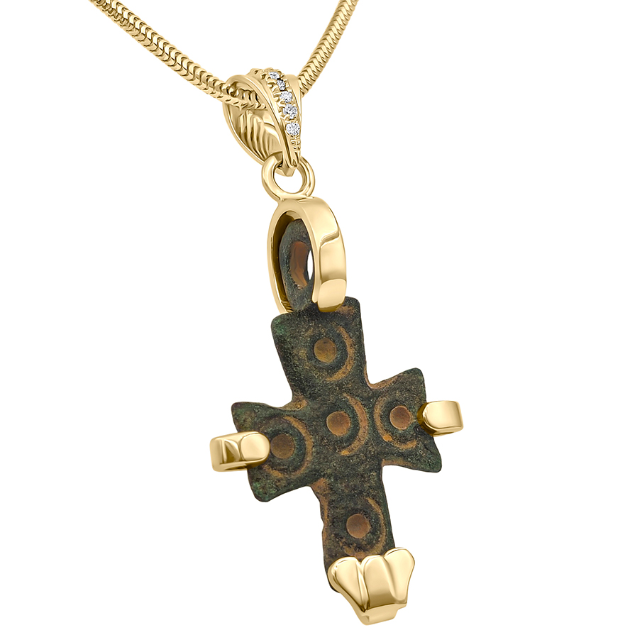 6th Century Byzantine Bronze Cross mounted in a 14k Gold Frame Pendant with Diamonds (angle view)