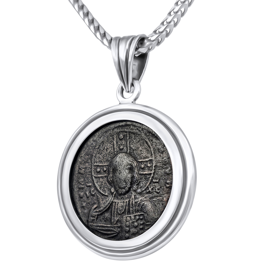 9th Century Christian Coin with 'Christ the Pantocrator' and 'King of Kings' framed in a Silver Pendant