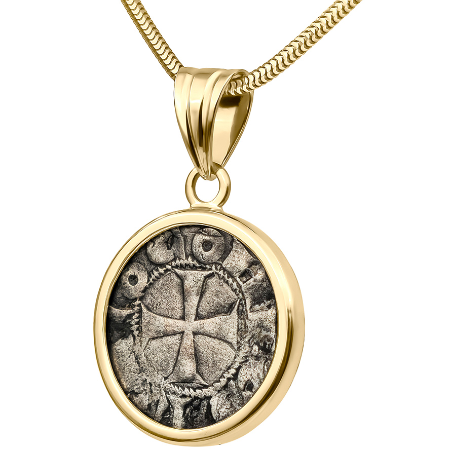 Silver Crusader Silver Coin Set in a 14k Gold Pendant - Made in Jerusalem
