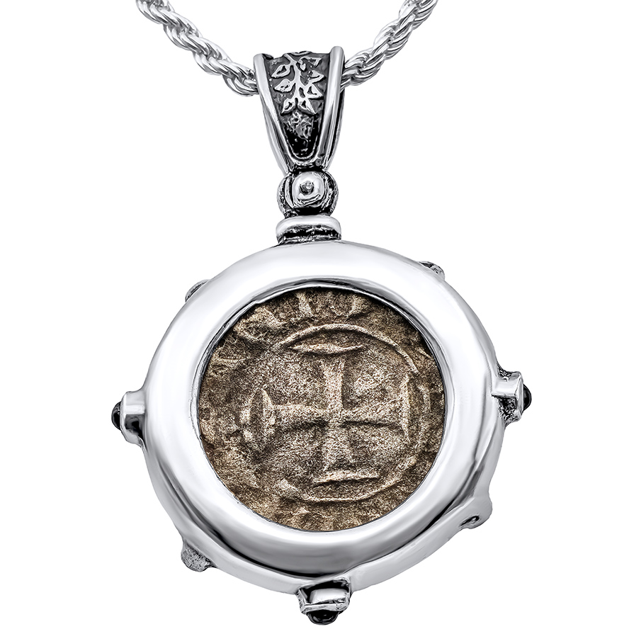 11th Century Silver Crusader Coin Mounted in a Sterling Silver Designer Pendant - Made in Jerusalem