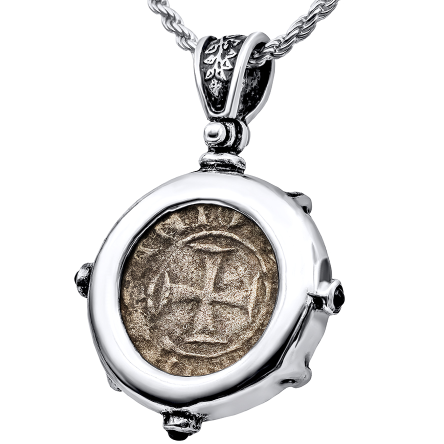Silver Crusader Coin Mounted in a Sterling Silver Designer Pendant - Made in Jerusalem