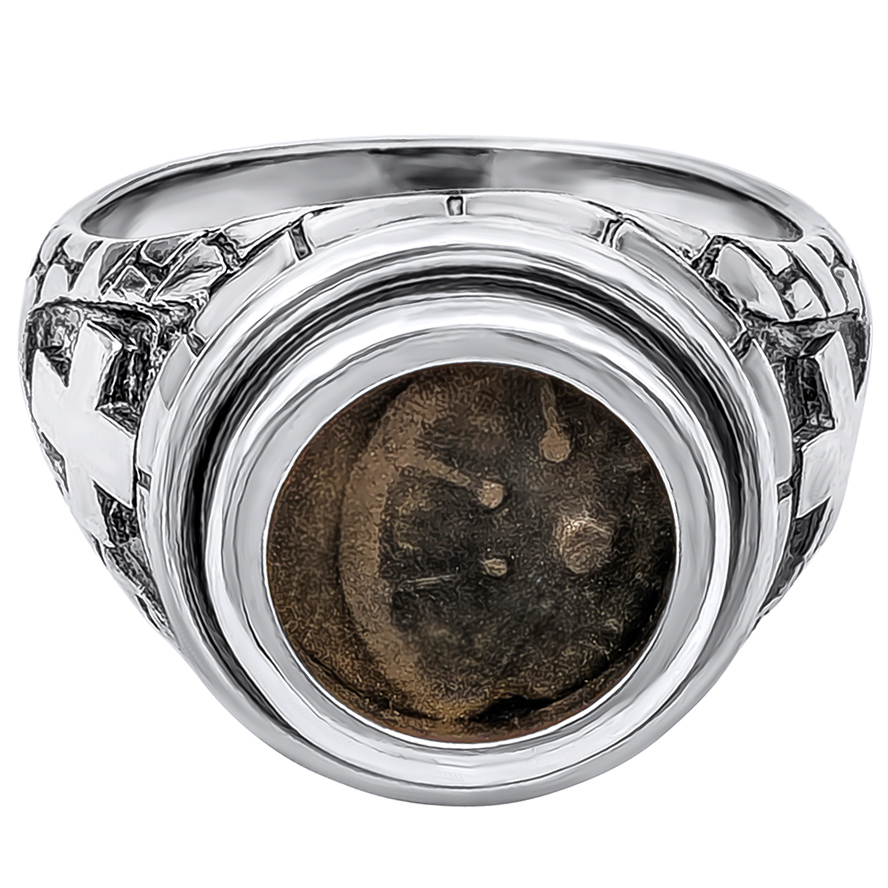 Sterling Silver "Widow's Mite Coin" Mounted in a Jerusalem Walls and Cross Ring (front view)