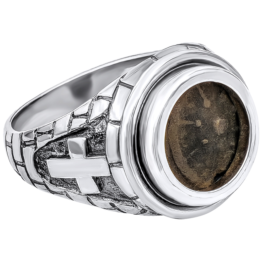 Sterling Silver "Widow's Mite Coin" Mounted in a Jerusalem Walls and Cross Ring