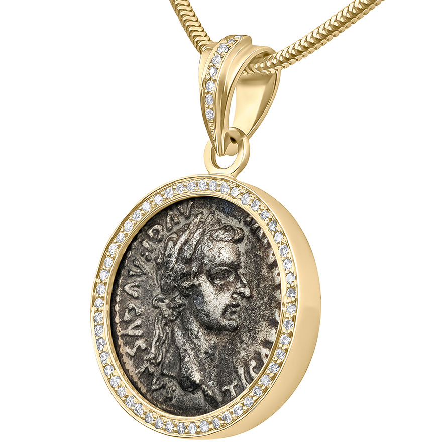 Tiberius Silver Denarius Coin - Tribute Penny Coin Mounted in 14k Gold Pendant with Diamonds - angle