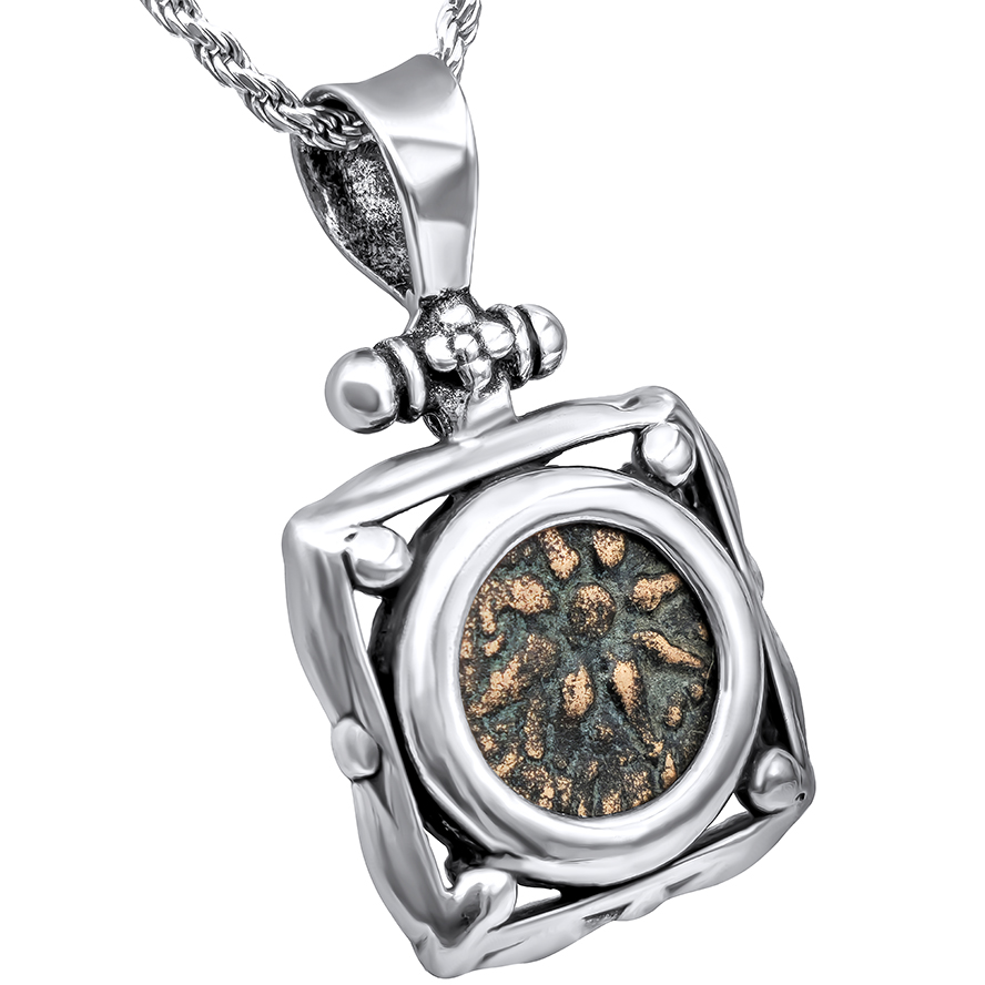 Genuine Widow's Mite Coin in a Handmade Sterling Silver Square Necklace (angle view)
