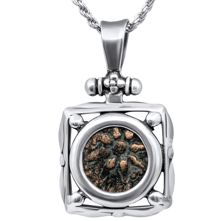 Genuine Widow's Mite Coin in a Handmade Sterling Silver Square Necklace