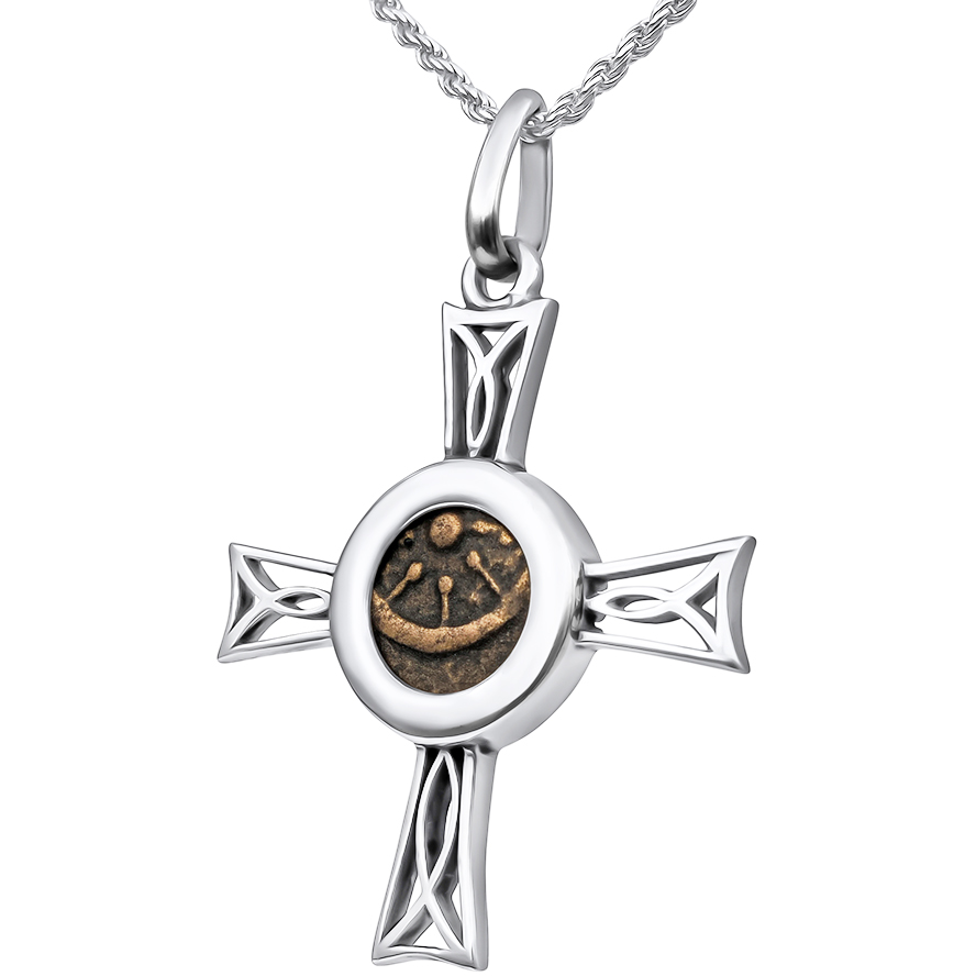 Widow's Mite Coin in a Sterling Silver Cross with Fish Design Necklace (angle view)