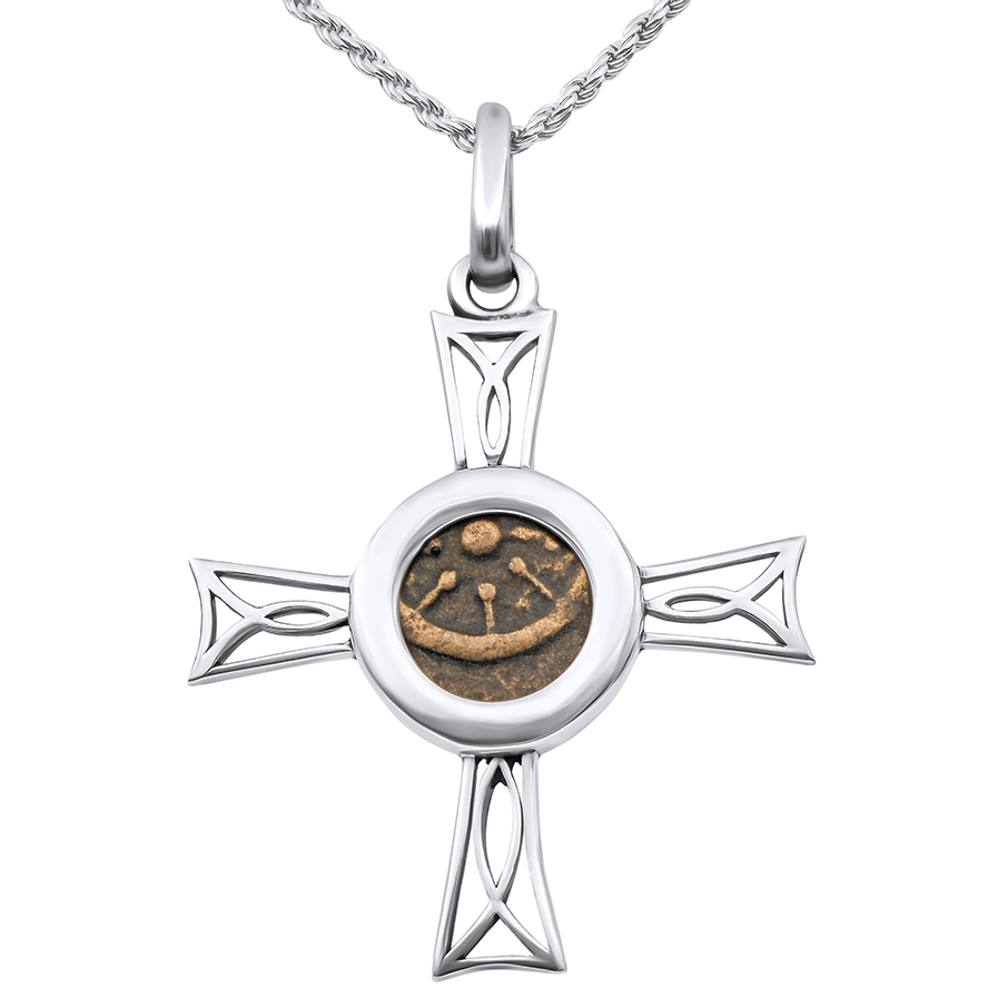 Widow's Mite Coin in a Sterling Silver Cross with Fish Design Necklace