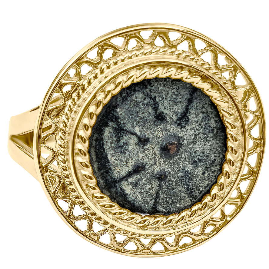 14k Gold Filigree Ring with Authentic "Widow's Mite" Coin from Jesus' Time (front face)