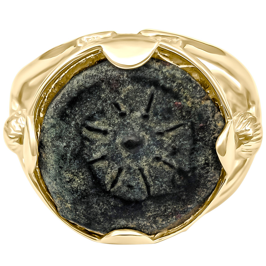 Exclusive 14k Gold Ring with a "Widow's Mite" Coin Being Lifted Upwards by Two Figures (front face)