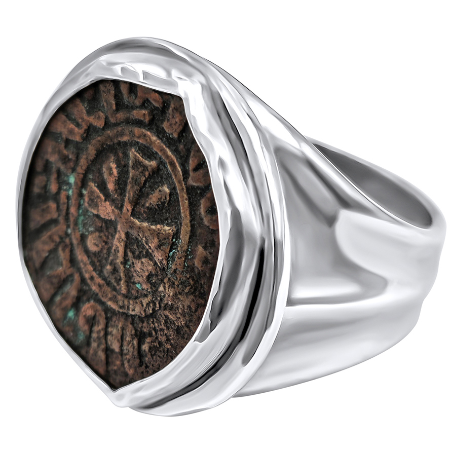 11th Century Armenian Bronze Crusader Coin Mounted in a Heavy Sterling Silver Ring