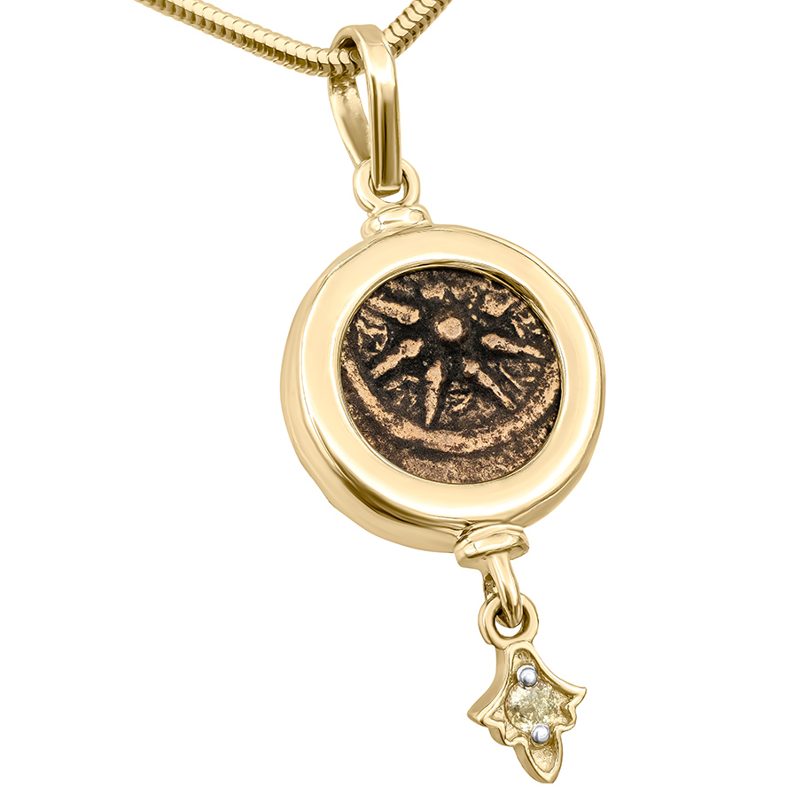 Widow's Mite Coin from Time of Jesus in 14k Gold & CZ Necklace