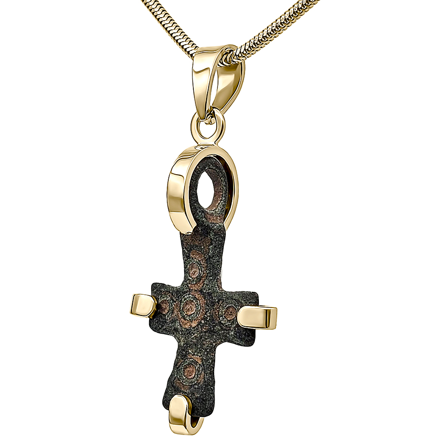 4th - 6th Century Byzantine 'Five Wounds of Christ' Bronze Cross - Mounted in an Exclusive 14k Gold Pendant