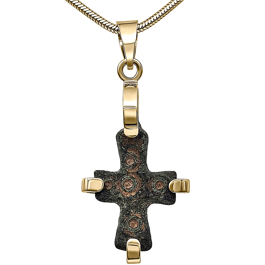 4th - 6th Century Byzantine 'Five Wounds of Christ' Bronze Cross - Mounted in an Exclusive 14k Gold Pendant (front view)