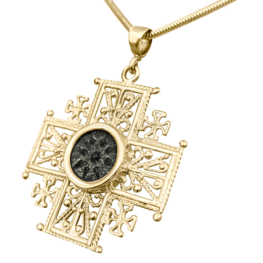 14k Gold Filigree ‘Jerusalem Cross’ with 'Widow's Mite Coin' Pendant – Made in Jerusalem