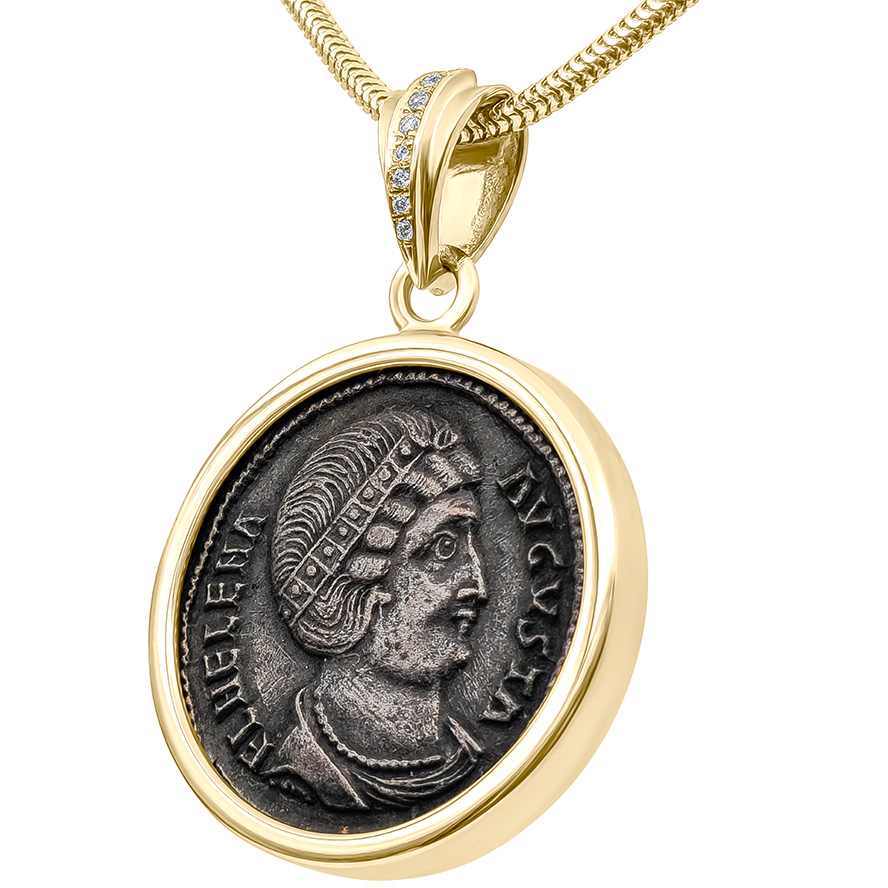 Helena - Mother of Constantine Coin set in a 14k Gold Pendant with Diamonds (angle view)