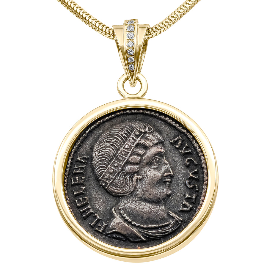 Helena - Mother of Constantine Coin set in a 14k Gold Pendant with Diamonds