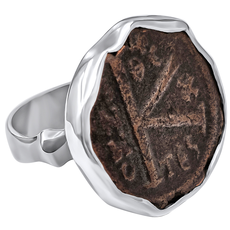 6th Century King Justinian Bronze Coin Mounted in a Sterling Silver Ring (left view