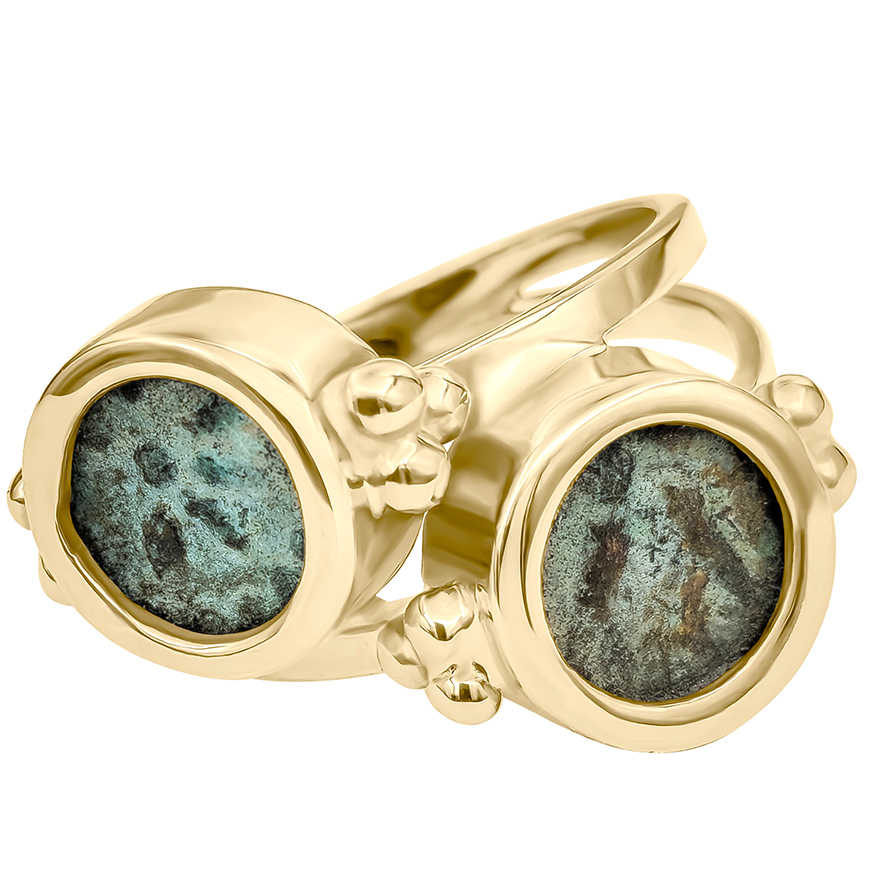 Pair of Authentic "Widow's Mite" Coins Mounted in a 14k Gold Ring - Made in Israel