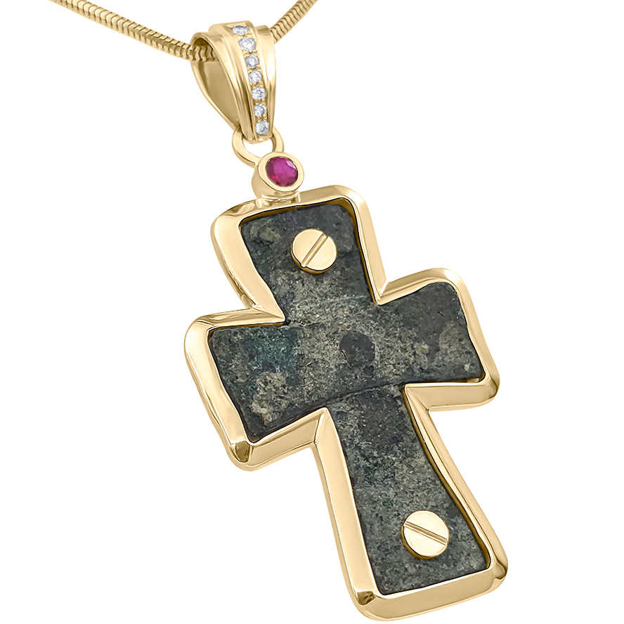 Byzantine Bronze Cross from 6th Century framed in a 14k Gold Pendant with Diamonds and a Ruby