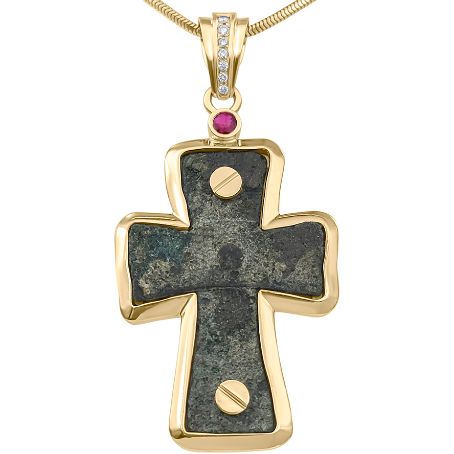 Byzantine Cross set in a 14k Gold Pendant with Diamonds & Ruby
