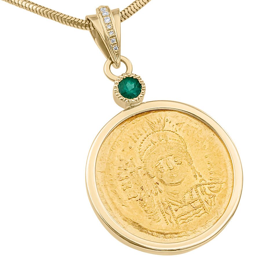 Byzantine Focas Gold Coin mounted in a 14k Gold Pendant with Emerald and Diamonds