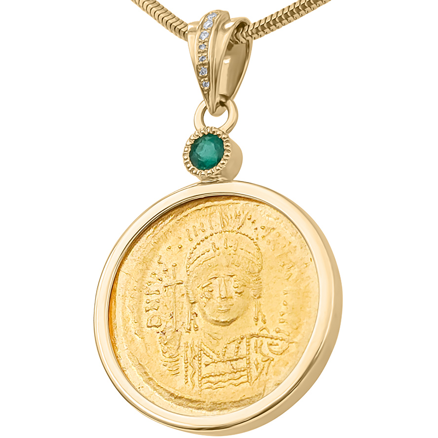 Byzantine Focas Gold Coin set in a 14k Gold Pendant with Emerald and Diamonds