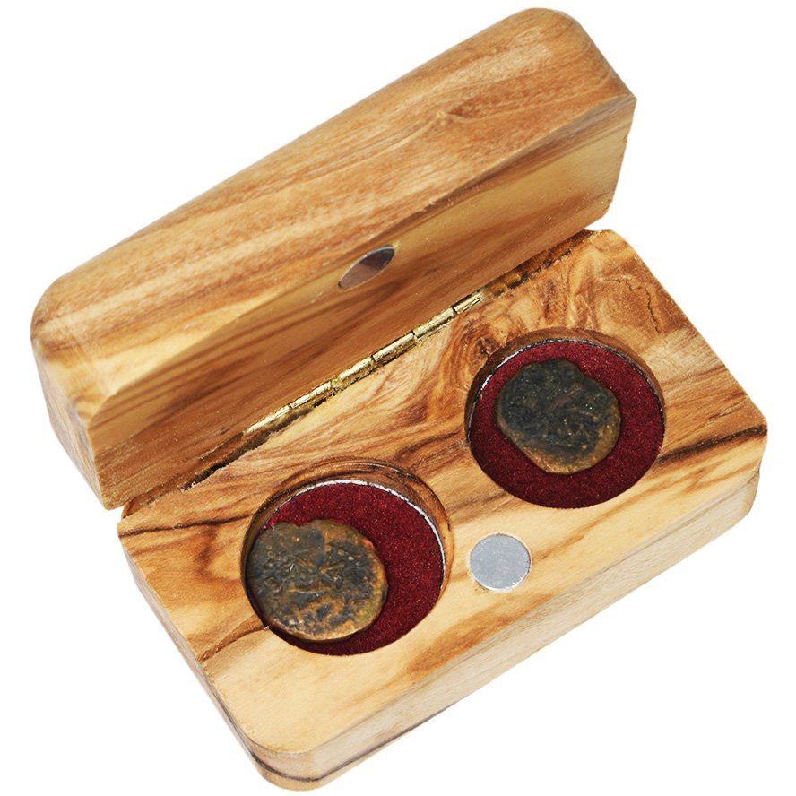 Ancient Biblical Coins: Two Widow's Mite Coins in an Engraved Olive Wood Box