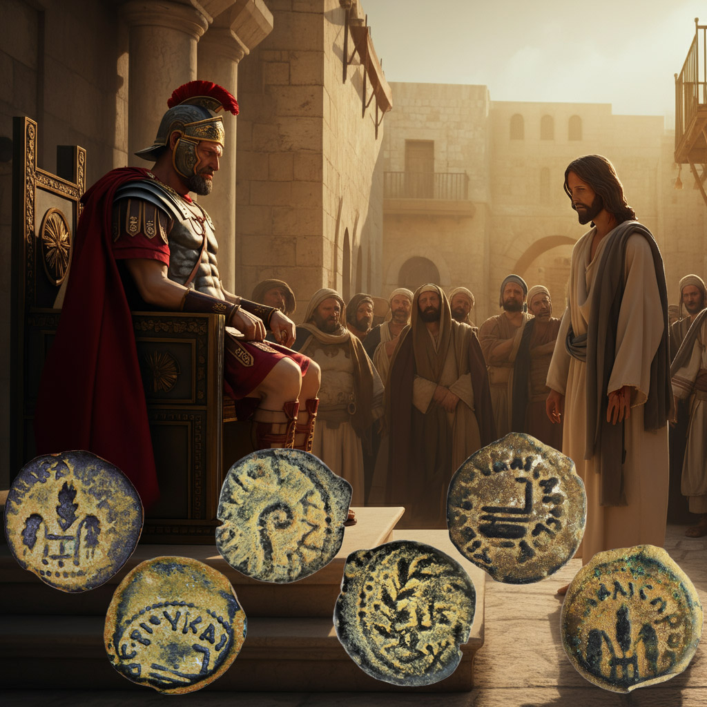 Pontius Pilate Coins and Biblical scene with Jesus and the crowds